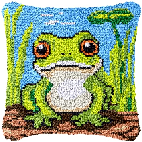 Image of Cartoon Frog Latch Hook Pillow Kit for Adults Throw Pillow Cover with Printed Canvas DIY Hook Crochet Yarn Needle Craft Easy Handmade Cushion for Home Sofa Decoration 43x43cm(2)
