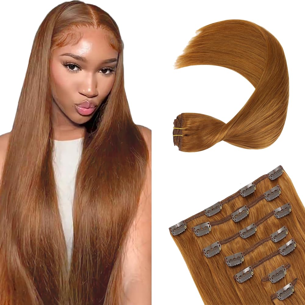 Gsoroel Invisible Clip In Human Hair Extension 26 Inch 7 Pack 120g #30 Light Brown Double Weft Straight Unprocessed Virgin Seamless Extensions Clip In Human Hair For Women