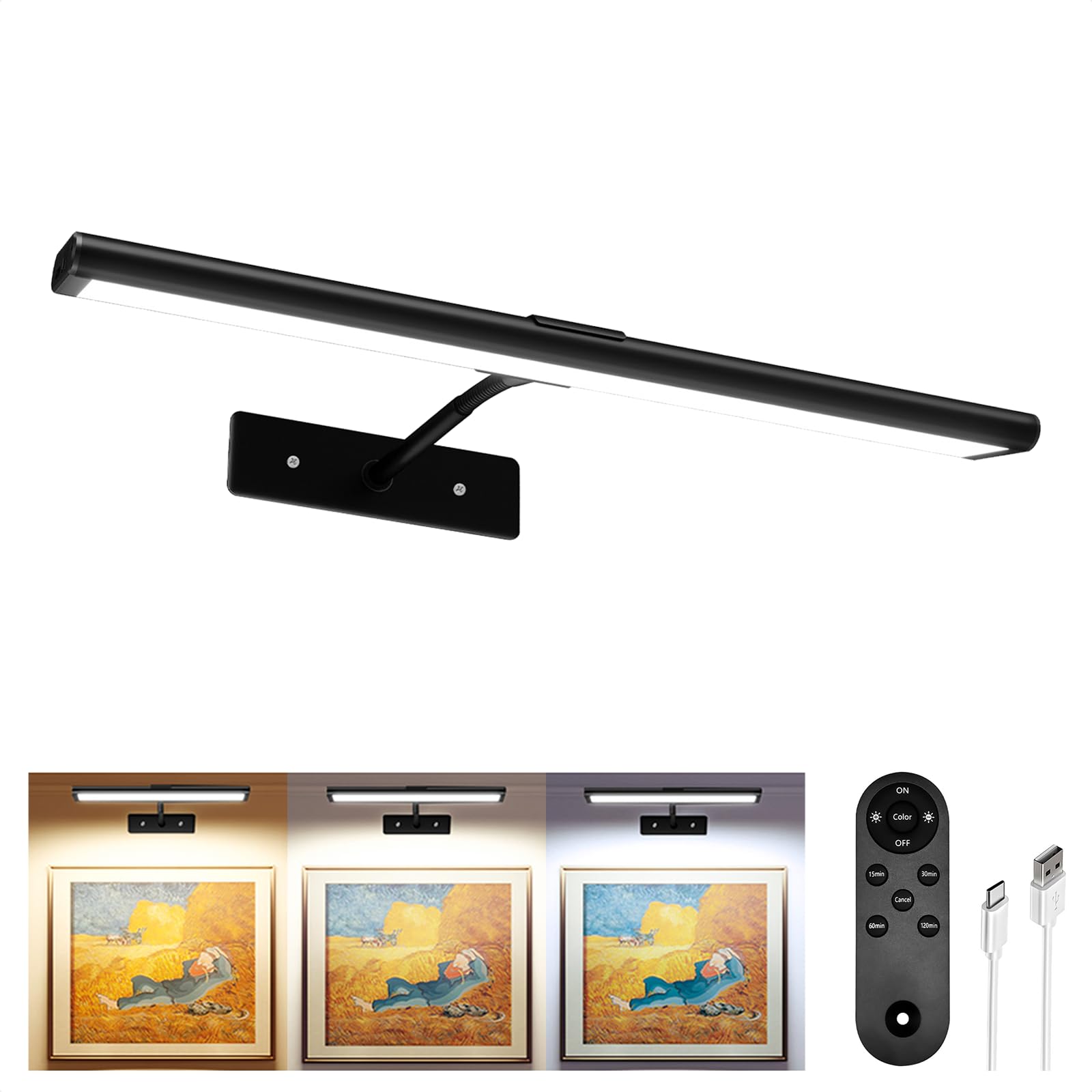 Ezvalo Black Picture Lights For Wall, Rechargeable Picture Light With Remote, Dimmable & 3 Color Temps, 180° Adjustable Magnetic Wall Lights For Dartboard Frame Gallery (1 Pack, )