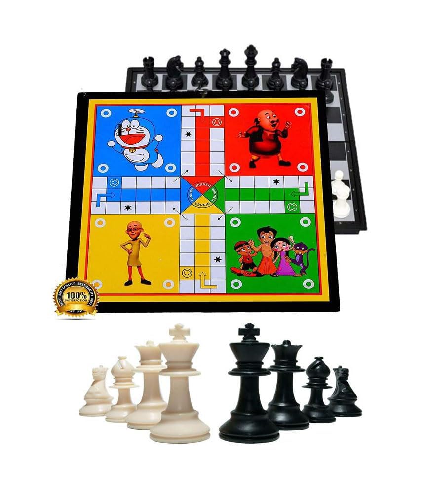 XOKO Combo of Woonden Ludo + Chess + Snake & Ladders with 1 Set of Ludo Coins 1 Set of Chessmen Coins| 3 in 1 Board Game Strategy & War Game Indoor Game Party & Fun Games Board Game| 1