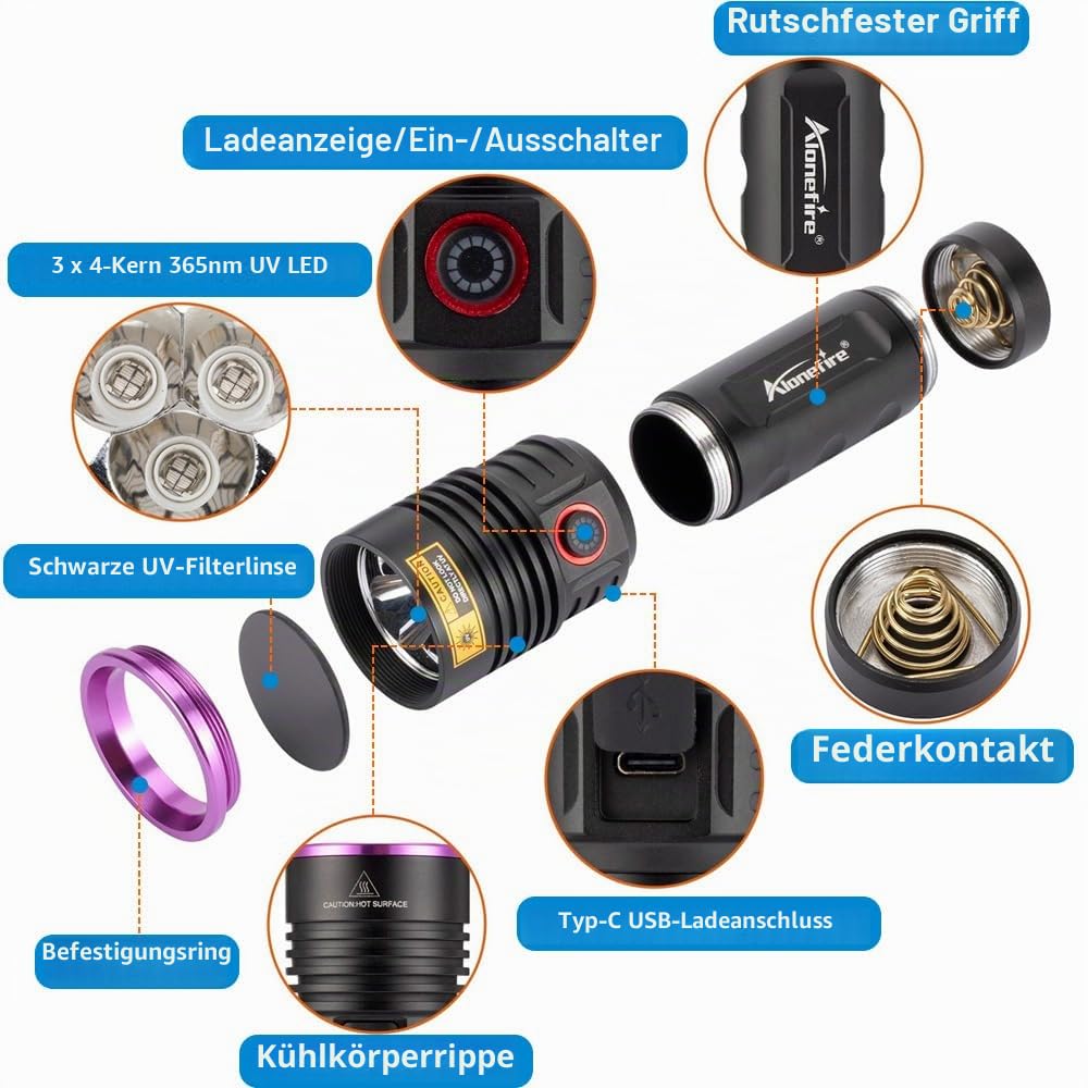 Alonefire SV53 36W 365nm UV Taschenlampe USB Aufladbar Ultraviolett Schwarzlicht Haustierurin Detektor für UV Harz, Angeln, Mineral, Bernstein mit Ladestation, Schutzbrille, Batterie Enthalten