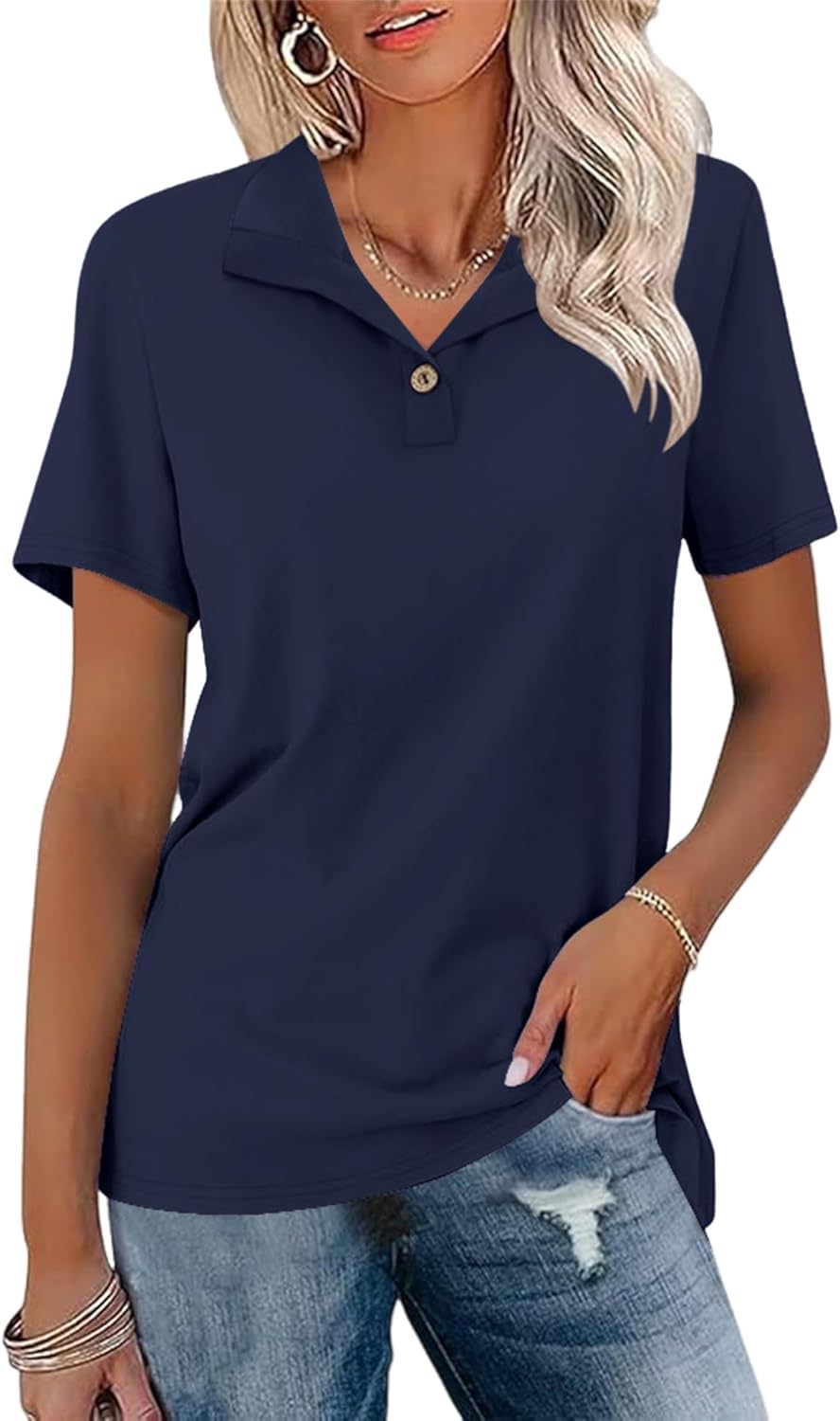 Ivicoer Womens V Neck Short Sleeve Polo Shirts Button Down Collared Tops Work Tunic Blouses Business Casual Ivicoer Womens V Neck Short Sleeve Polo Shirts Button Down Collared Tops Work Tunic Blouses Business Casual