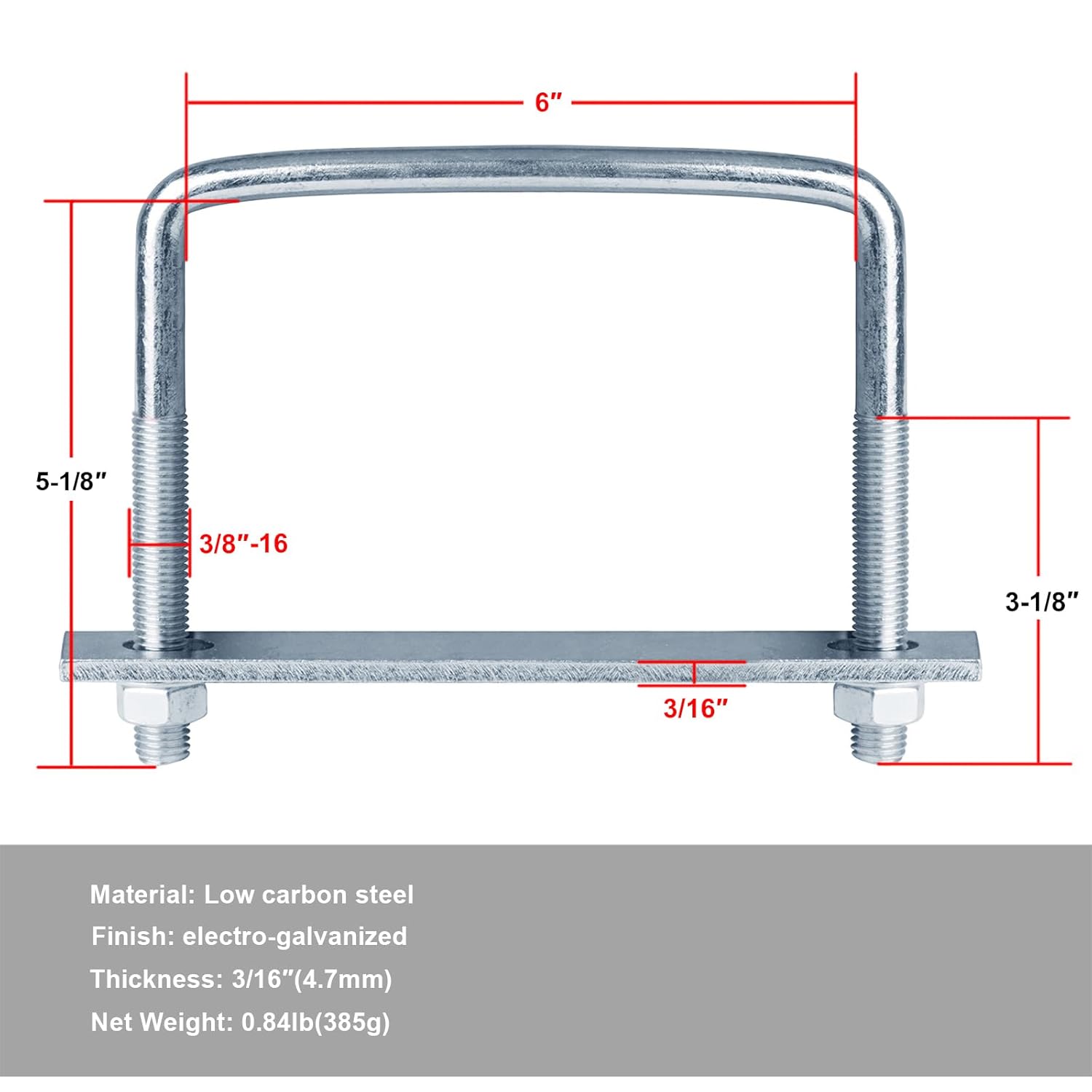 4 Pcs 6 Inch Wide Square U-Bolt for Trailer, 3/8" x 6" x 5-1/8", Electro-Galvanized Steel