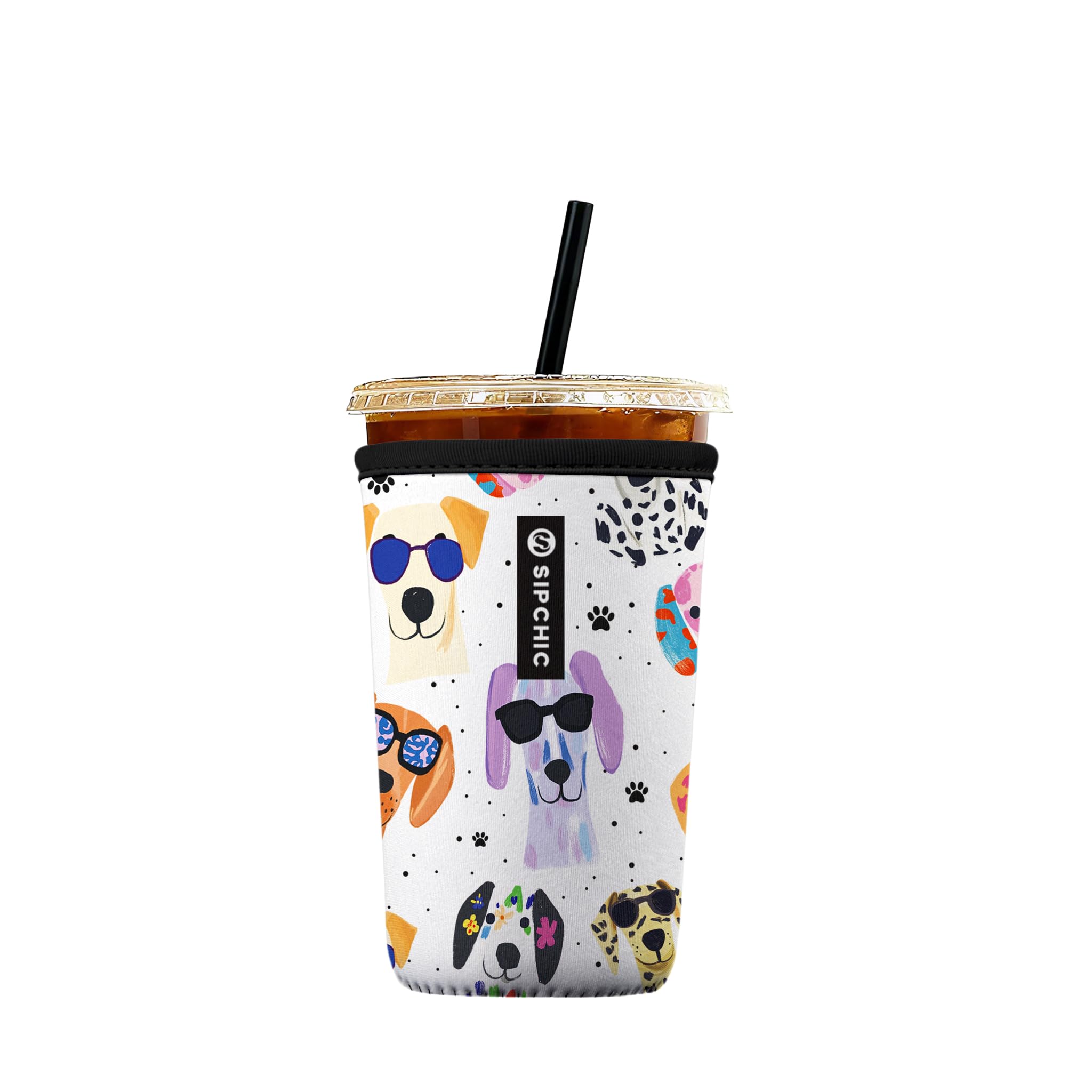 Iced Coffee Sleeve – Neoprene Reusable Cup Sleeves for Drinks, Insulated Drink Sleeves to Keep Hands Dry &amp; Drinks Cold, Stylish &amp; Durable Coffee Sleeves (Puppy Shades, Medium: 22-29oz)