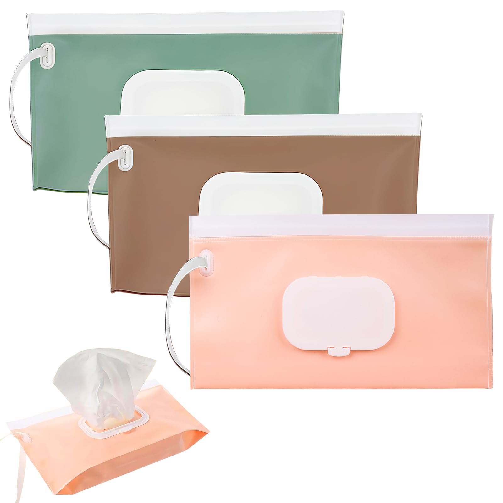 MFUSUL Feuchttücher Tasche Wiederverwendbar Tragbar Nachfüllbar Feuchttücherbeutel mit Druckdeckel Versiegelt Nasswischtasche für Unterwegs 3 Stück in Salbeigrün,Kaffeebraun,Rosa