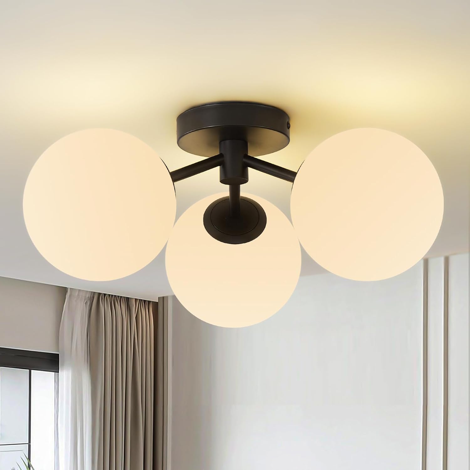 Black Globe Semi Flush Mount Ceiling Light Mid Century Modern Milk Glass Ceiling Light Fixture Linear Sputnik Matte 3 Lights Chandelier for Bedroom Living Room Entryway Dining Room Hallway