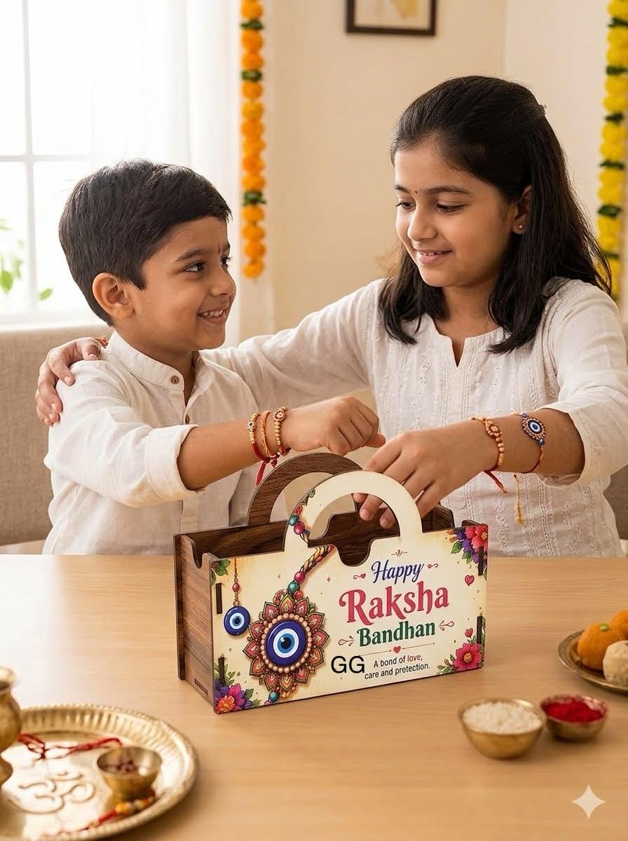Happy Raksha Bandhan MDF Hamper Box with Handles | Evil-Eye Print Design, Laser-Cut MDF, 15 x 11 x 4.5 cm, 85 gms, Built-In Carry Handles-image-31