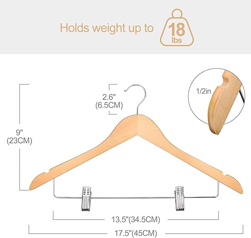 Miniatura 5 de HOUSE DAY Perchas de madera con clips, paquete de 36 perchas de madera para trajes, perchas de madera maciza para pantalones, perchas de madera con