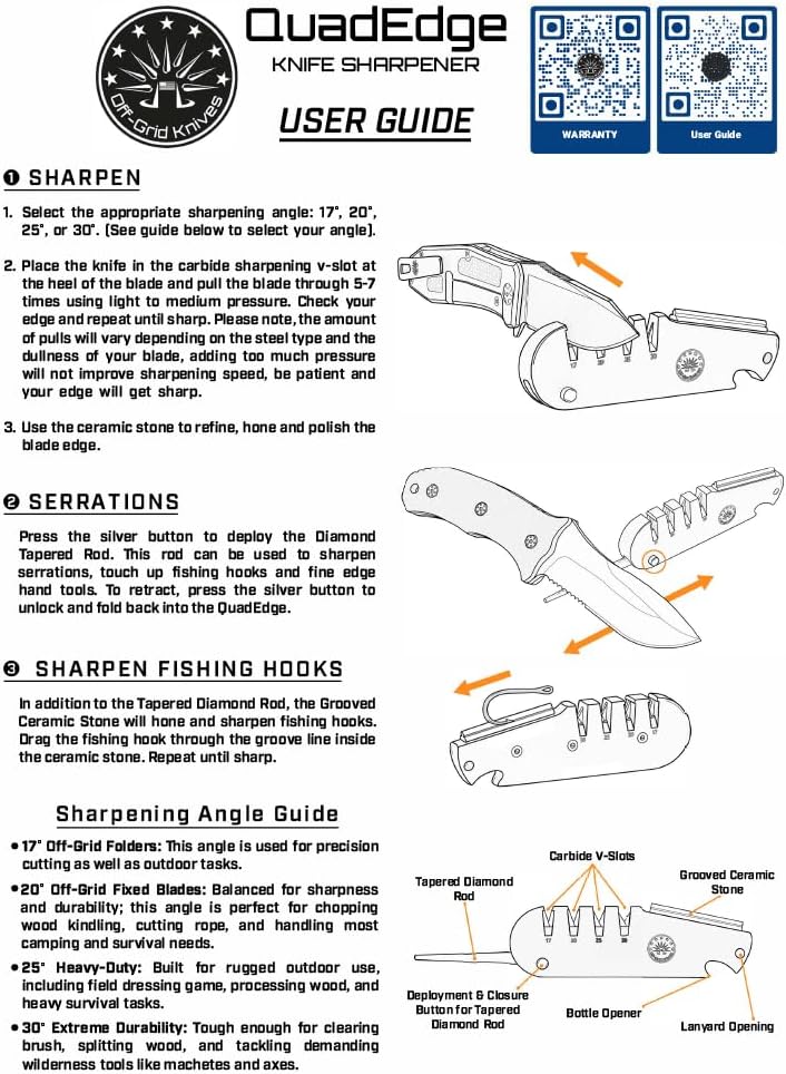 Off-Grid Knives - QuadEdge Knife Sharpener with 4 Angles: 17° | 20° | 25° | 30°, Diamond Rod, Fishing Hook Sharpener, Ceramic Honing Stone – Camping, Fishing, Hunting, Boating (Black)
