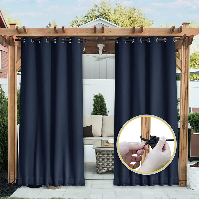 Duronet - Waterproof & Sun Blockage Top Eyelet & Bottom Back Tab Fixed Windproof Blackout Outdoor Opaque Curtains (Navy Blue, 4.5 X 10 Feet, Polyester), Pack Of 2