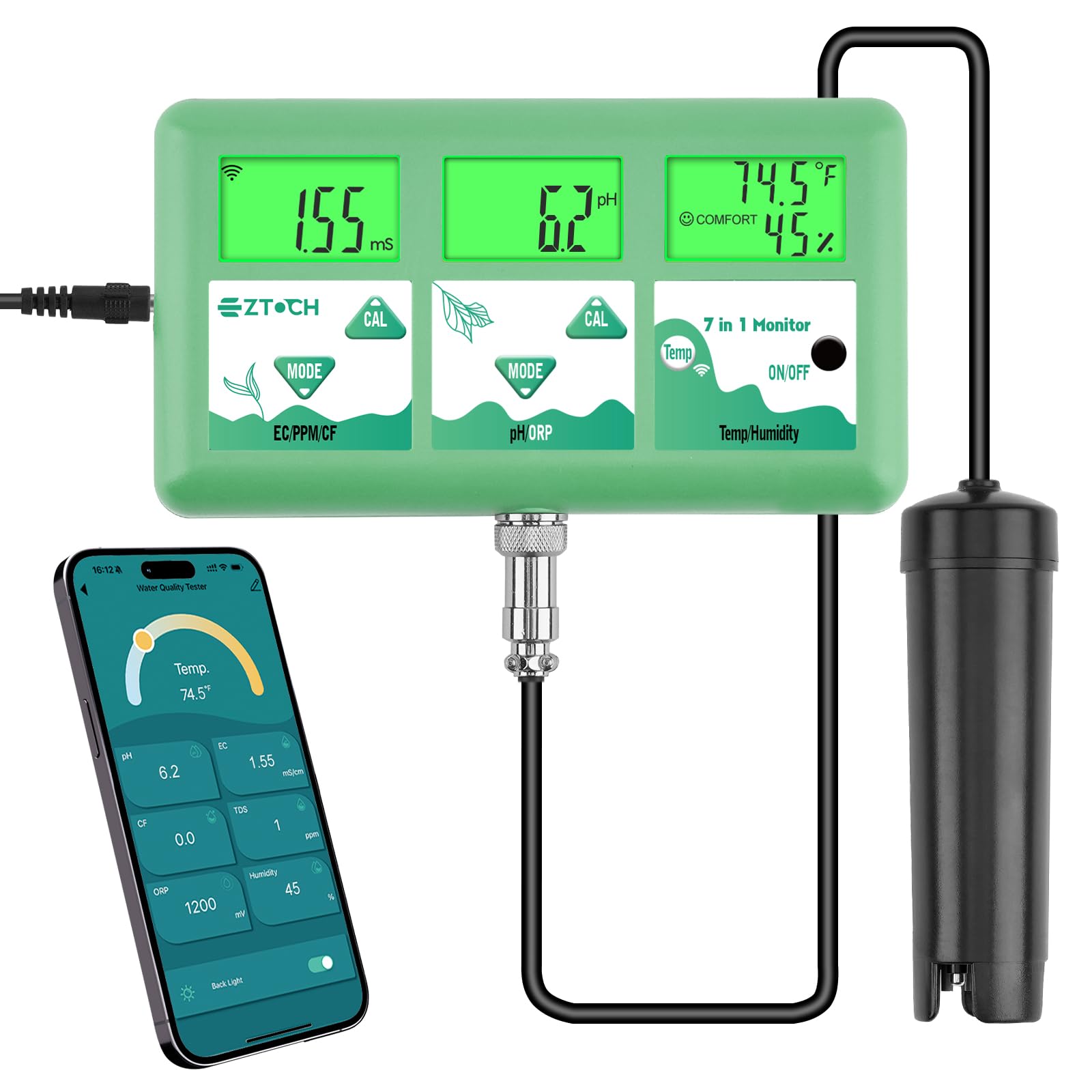 EZTOCH pH Monitor Hydroponic Continuous 7 in 1 EC pH TDS CF ORP