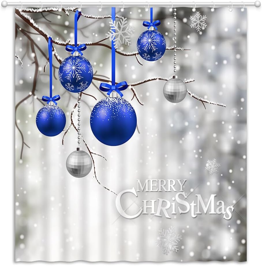 Blue Christmas Balls Shower Curtain Merry Christmas Xmas Holiday Winter Snowflake Grey Background Happy New Year Fabric Bathroom Curtain with Hooks, 70Wx84H