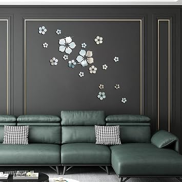 Flower Wall Stickers 3D Acrylic Mirror Wall Stickers DIY Mirror Floral Removable Wall Decals Decor for Living Room Bedroom Bathroom Office Home Art Wall Decoration Silver