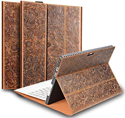 Gexmil Leather Case for Surface Pro 7+ 12.3 Inch,7th/6th/5th/4th Generation2019/2018/2017/2015 Genuine Leather Cover with Pencil Holder,Shockproof Folio Cover Anti-Fingerprint,Flower Brown