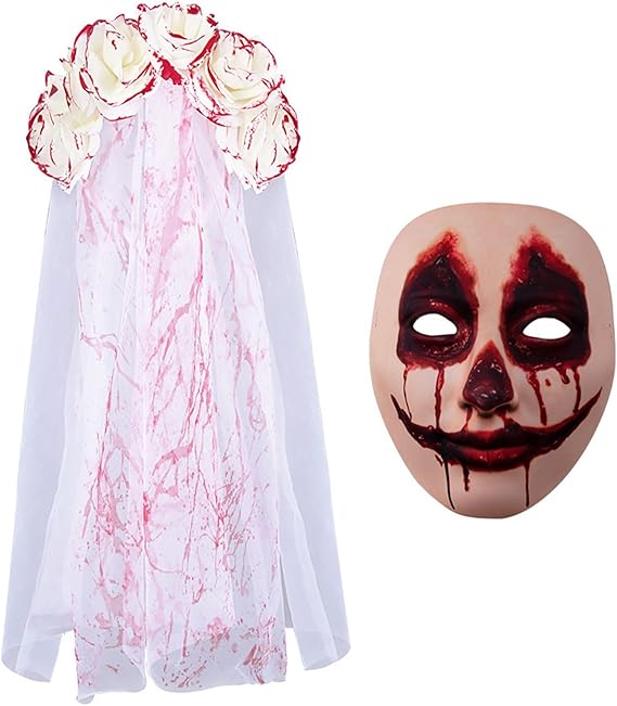 2 Pcs Halloween Day of the Dead Costume Set for Women, Rose Sugar Skull Full Face Mask Mexican Flower Crown Headband Veil Halloween Party Supplies