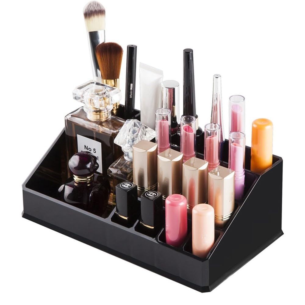 INOVERA (LABEL) Plastic Inovera 16 Compartment Cosmetic Display Cases Makeup Jewellery Lipstick Storage Organizer Holder Box, 21.2L X 12.5W X 7.8H (Black - Pack Of 2)