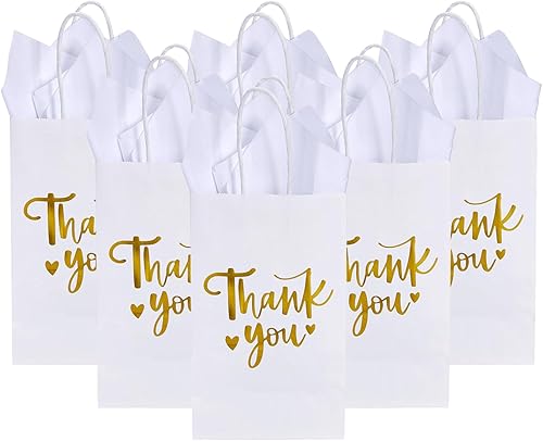 Miniatura 2 de DjinnGlory Paquete de 50 bolsas pequeñas de regalo de agradecimiento de papel de aluminio blanco y dorado con asas y 50 papel de seda blanco para