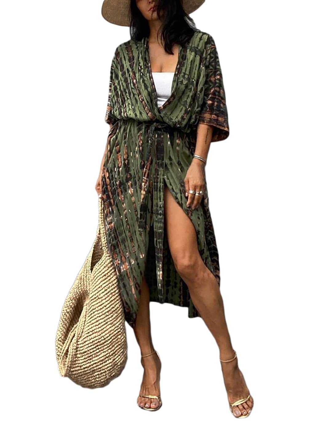 EddoyeeWomens Open Front Swimsuit Cover Ups Long Loose Print Beach Kimono Cardigans with Belt