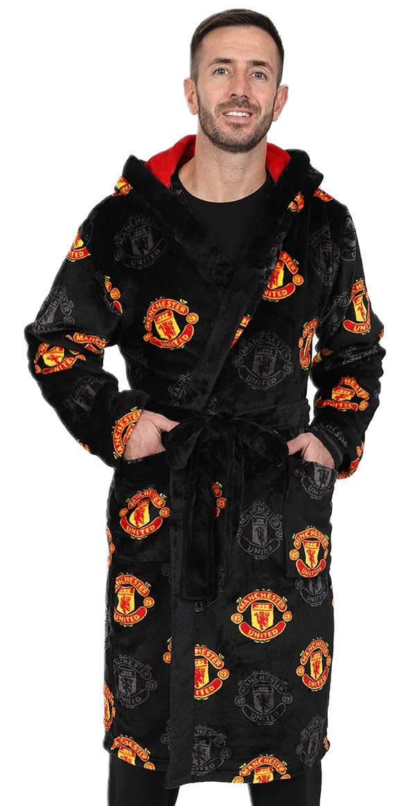 Manchester United Men's Black Official F.c. Dressing Gown Fleece Hooded Man Utd Robe (Xx-Large)