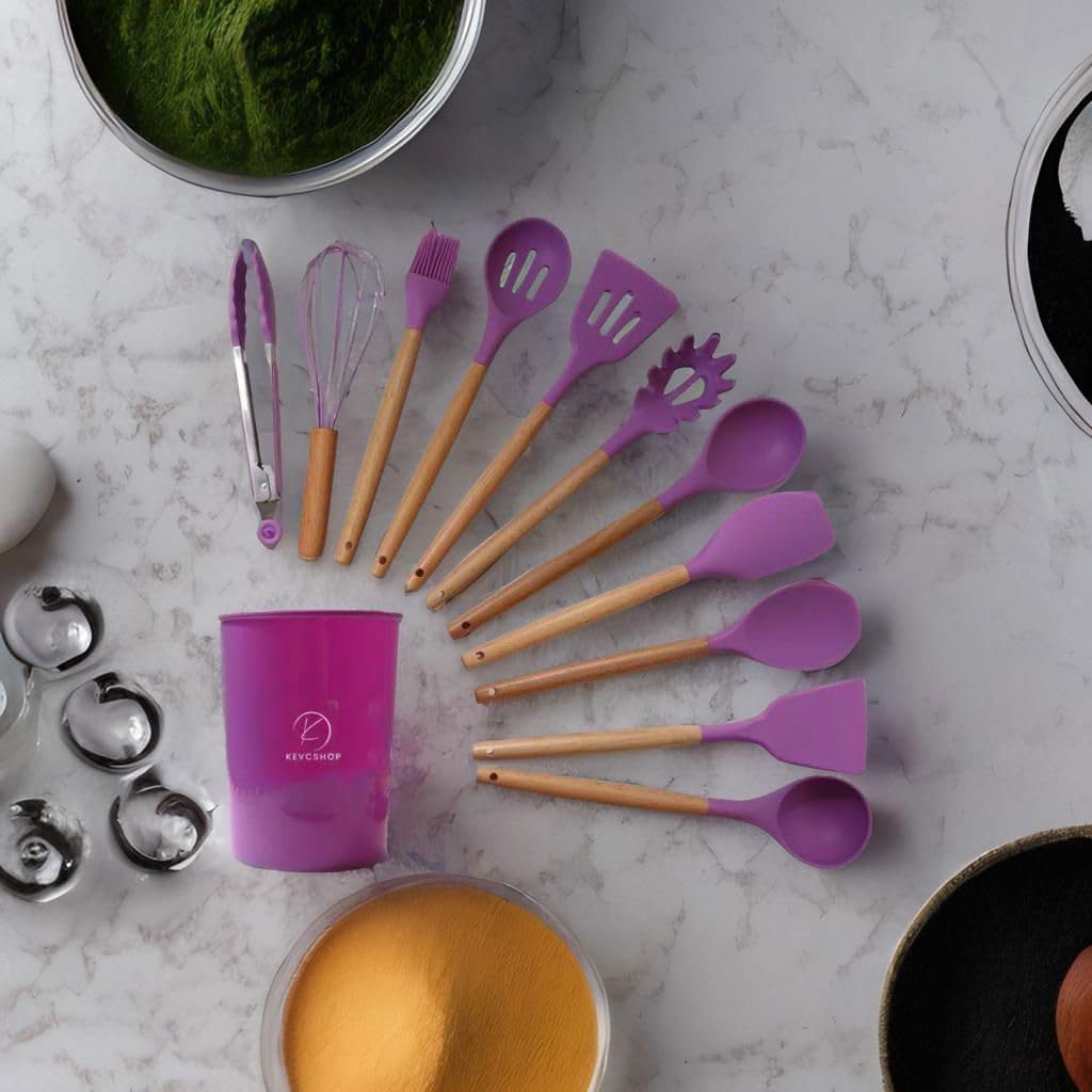 Deluxe 12-Piece Silicone Kitchen Utensils Set with Durable Cooking Tools - Heat Resistant Nonstick Cookware Essentials, Includes Spoon, Spatula, Ladle, and Utensil Set Holder (Purple)