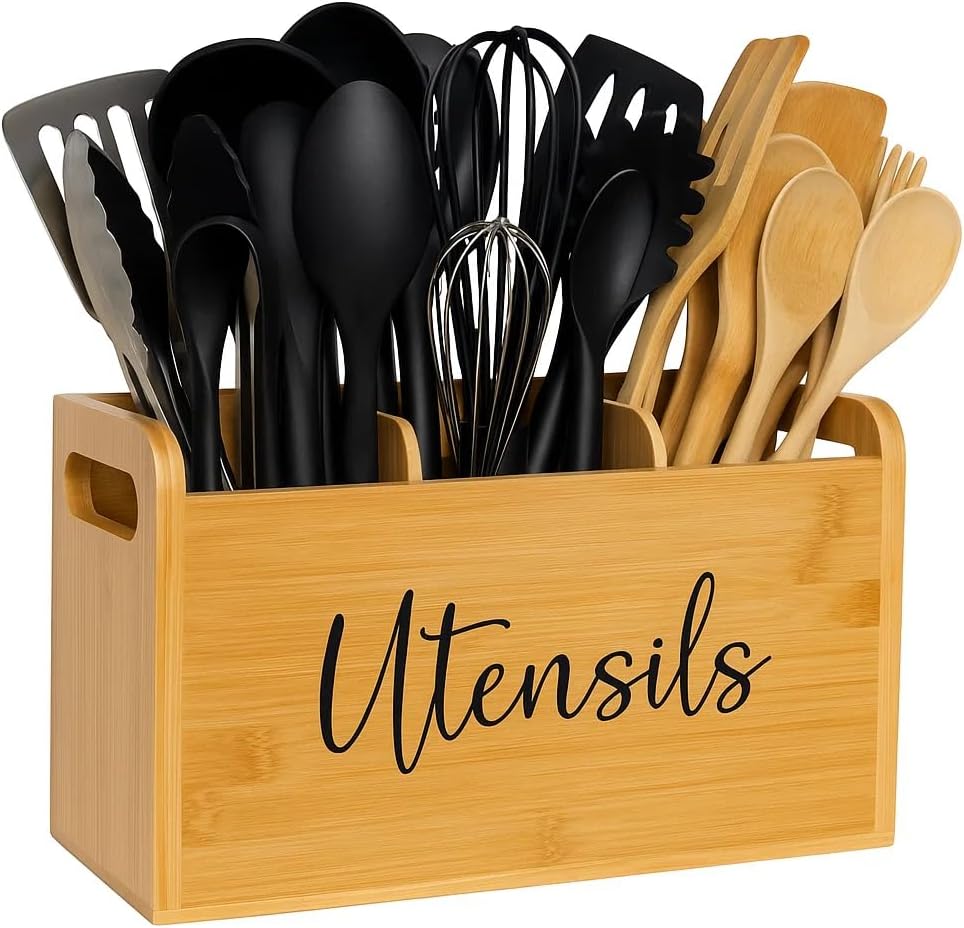 Bamboo Kitchen Utensil Holder for Countertop – Large 3-Compartment Organizer & Caddy with Drain Holes, Farmhouse Utensil Holder for Kitchen Counter, Rustic Wood Storage for Spoons & Spatulas