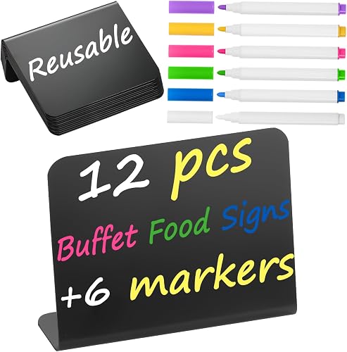 Herda 12 Pack 4"x3" Small Food Labels for Party Buffet Food Signs for Birthday Bakery Wedding Table Signs Food Tags Place Cards Message Board Signs Mini Chalkboard Signs Includes 6 Wet Erase Markers