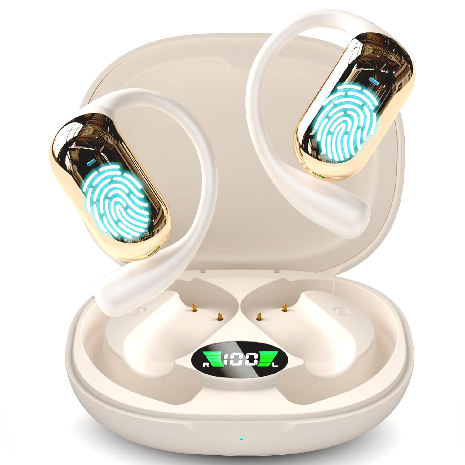 AI Translator Earbuds, Language Translation Earphones Real Time with APP, Open Ear Buds Translating Headphone with Charging Case,Spanish/English Audífonos Traductores,Tea Gold