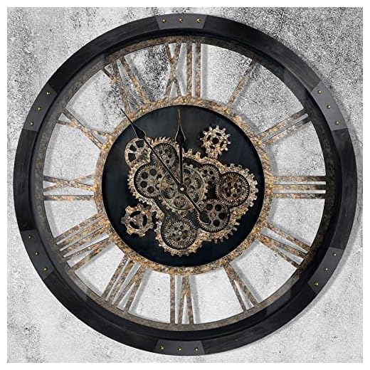 27 inch Large Real Moving Gears Wall Clock with Toughened Glass Cover, Oversized Solid Wood Retro Farmhouse Clock, Giant Decorative Rustic Wall Clock for Living Room Home Kitchen Office (Black)