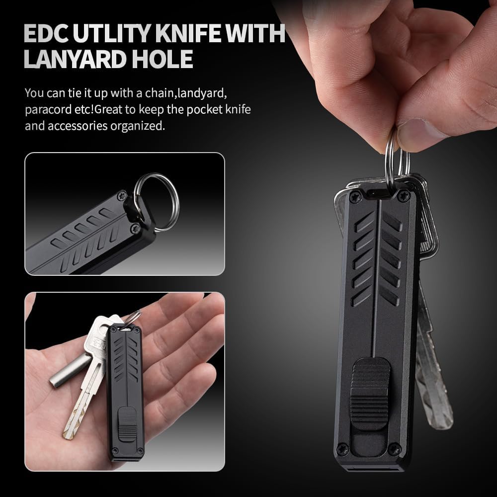 cckk Retractable Utility Knife, Aluminium Alloy Pocket Knife with Clip, Black Pocket Knife, Push Button EDC Razor Knife with 20PCS #23 Blades