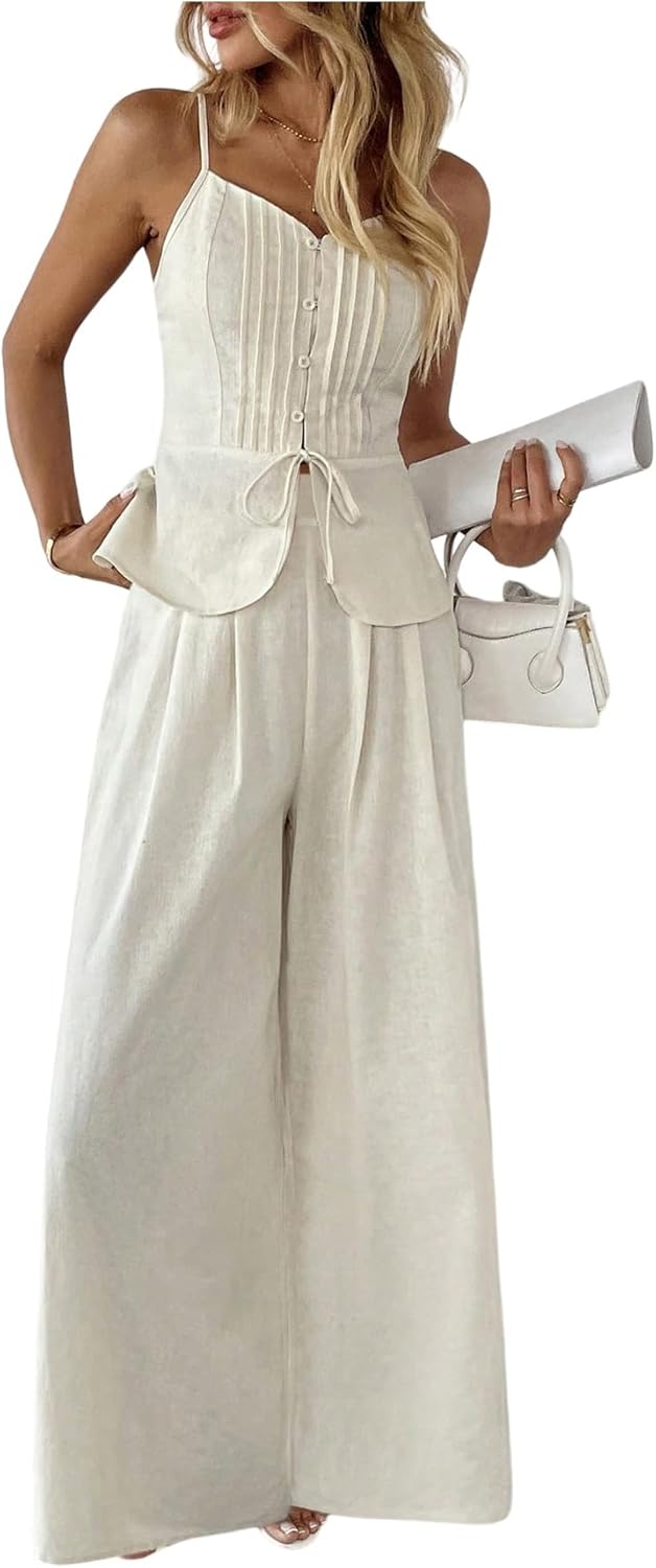 SOLY HUX Women's 2 Piece Summer Outfit Button Down Peplum Cami Top and Wide Leg Pants Set