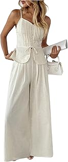 Women's 2 Piece Summer Outfit Button Down Peplum Cami Top and Wide Leg Pants Set