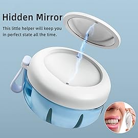 Netceem Leak Proof Denture Cup Kit Portable Retainer Case Perfect for Travel, Denture Case Container Cleaning Care for Dentures Aligner Mouth Guard with Denture Brush,Strainer, Removal Tool and Mirror
