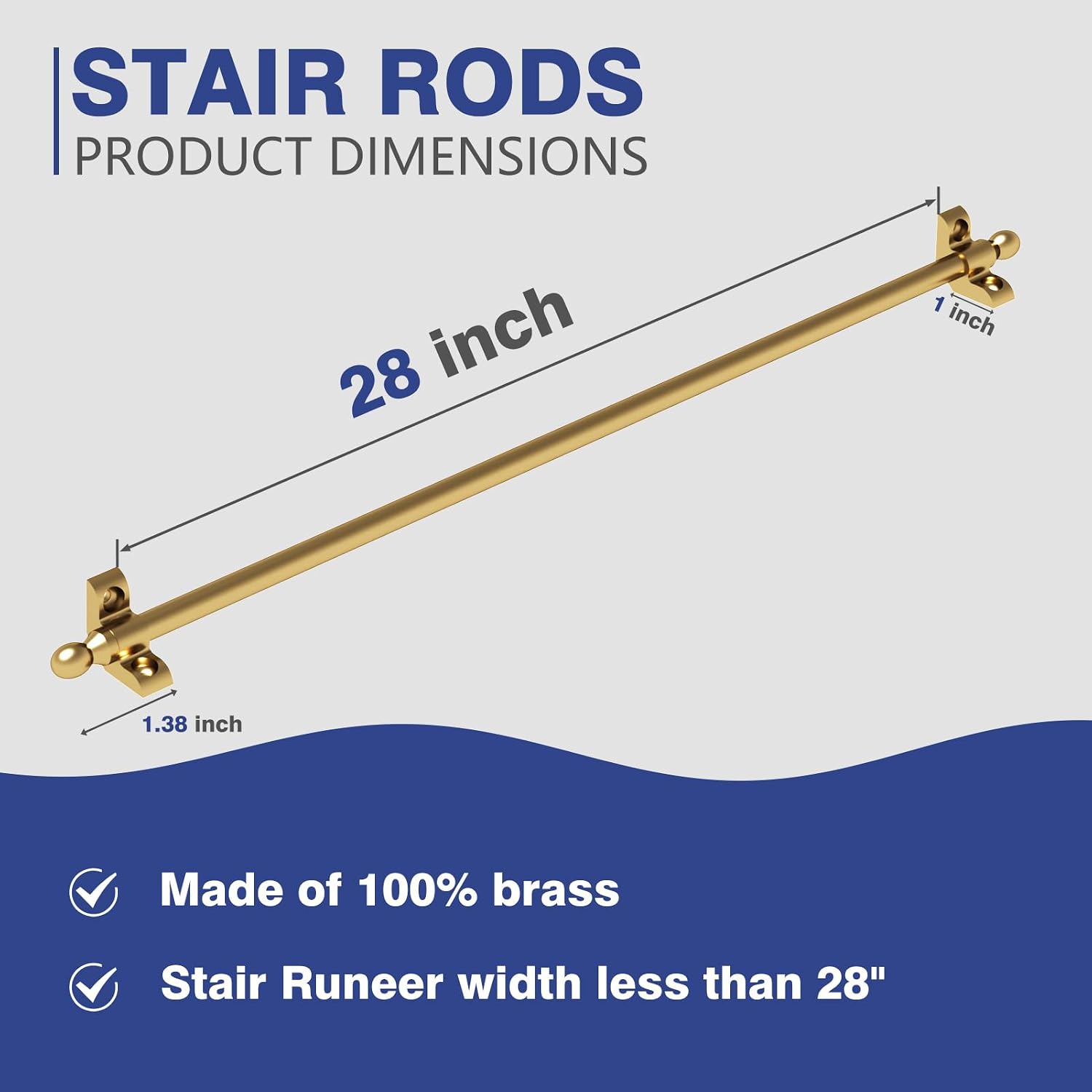 Solid Brass Stair Rods for Carpet Runners Set of 13, Gold Stair Runner Rods for Fixed Stair Carpet, 28 inch Oval Finial Carpet Runner Rods