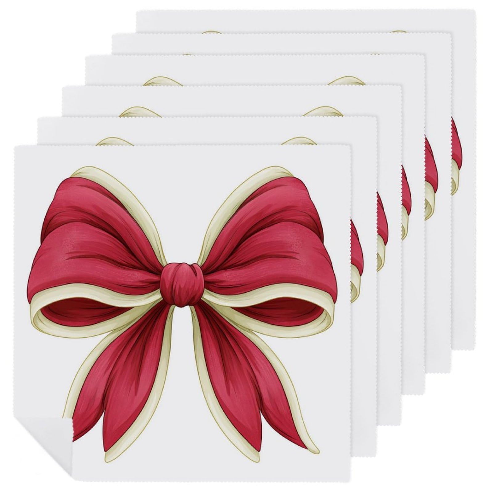 Big Red Bow with Ivory Trim Cloth Napkins Set of 6, Square Premium Reusable Washable Polyester Table Linen Napkin for Dinner Party