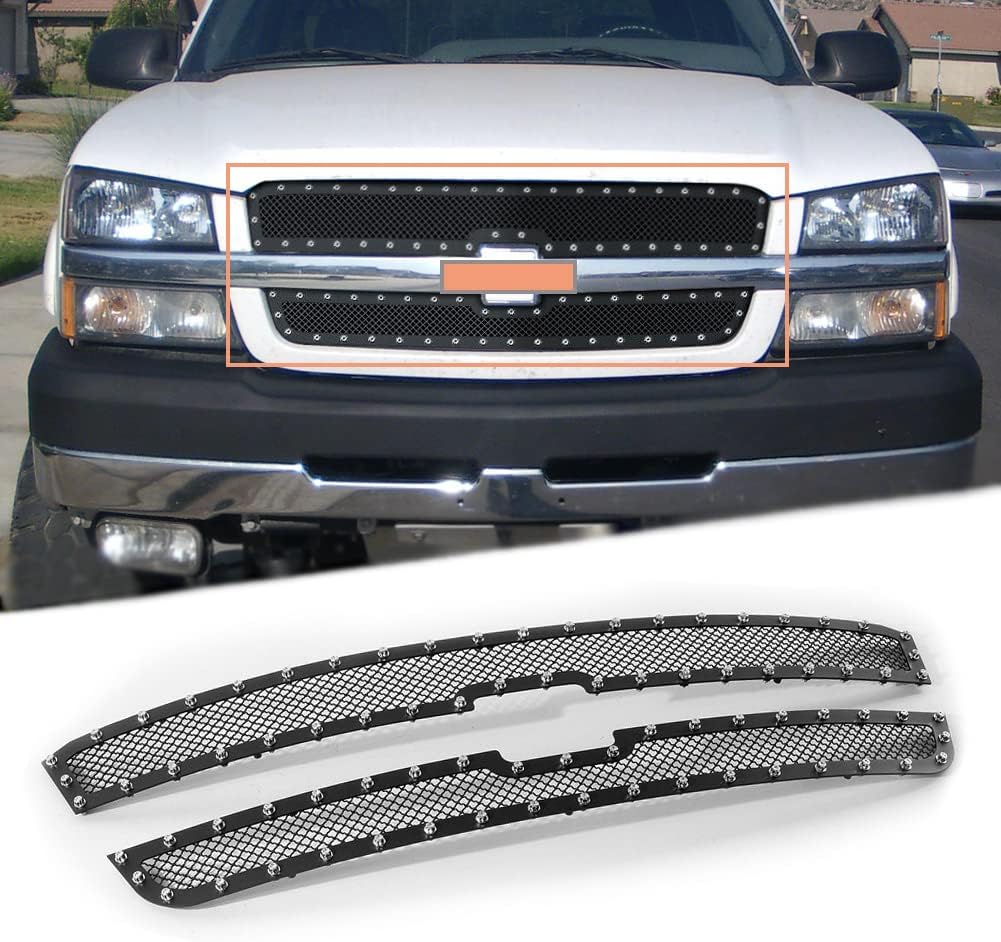YHIMPORTGrille Inserts Stainless Steel Black Mesh Grille with Chrome Rivets Fits 2003-2005 Chevy Silverado 1500/1500 SS/1500 HD 2003-2004 2500/3500/2500 HD 2003-2006 Chevy Avalanche 1500/2500