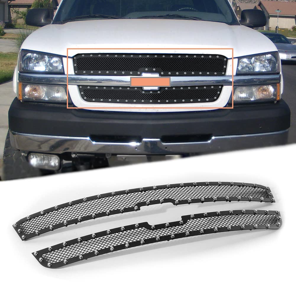 YHIMPORTGrille Inserts Stainless Steel Black Mesh Grille with Chrome Rivets Fits 2003-2005 Chevy Silverado 1500/1500 SS/1500 HD 2003-2004 2500/3500/2500 HD 2003-2006 Chevy Avalanche 1500/2500
