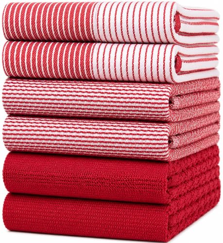 Image of Premium Kitchen Towels (20 inchx 28 inch, 6 Pack) | Large Cotton Dish Towels | Flat & Terry Highly Absorbent Kitchen Linen Set with Hanging Loop | Red