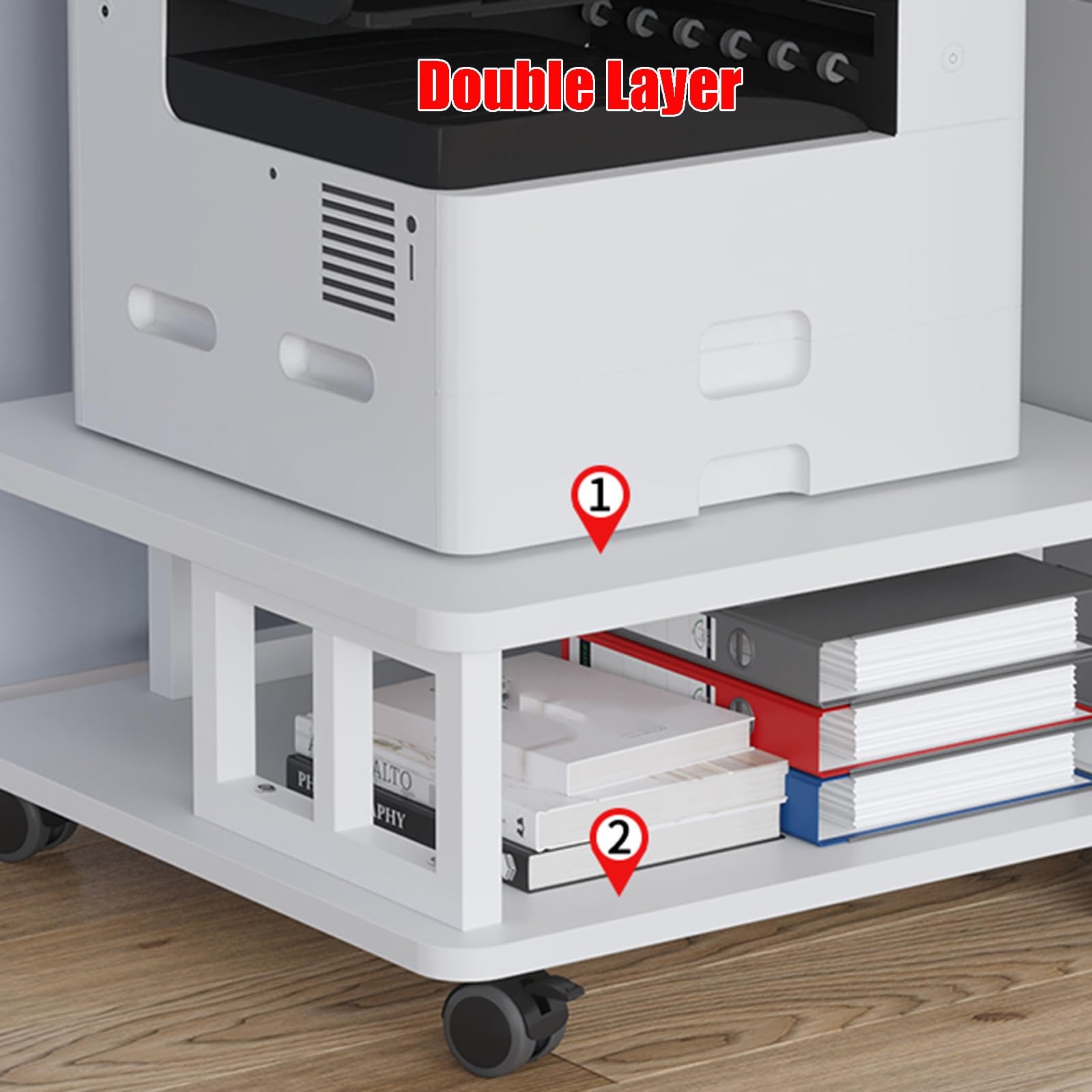 2-stufiger Großer Druckertisch Unter Dem Schreibtisch mit Ablagefläche, Beweglicher Kopierständer, Druckerständer mit Rollen, Druckerregal, Organizer-Regal for Das Home Office(White,50 x 50 x 38 cm)
