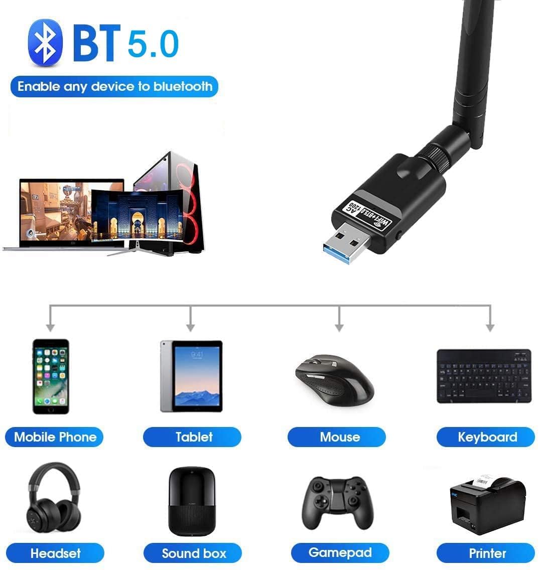 Wifi Dongle 1300Mbps Wifi Adaptateur Avec Bluetooth 5.0