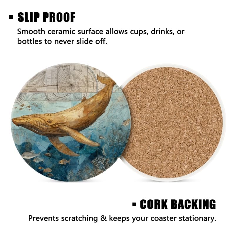 Absorbent Beach Coasters Set of 6 Retro Marine Creatures Coasters Cork Base Tabletop Protection,Home Coast Nautical Coasters for Bar Kitchen Decor Suitable for Wooden Table Coffee Tables,Desks image 4
