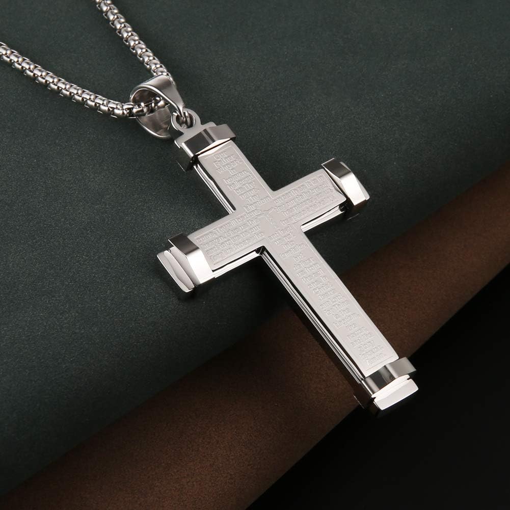 HZMAN Collana Da Uomo In Acciaio Inox Con Ciondolo A Forma Di Croce Con Preghiera Del Signore, Acciaio Inossidabile, Non, Argento