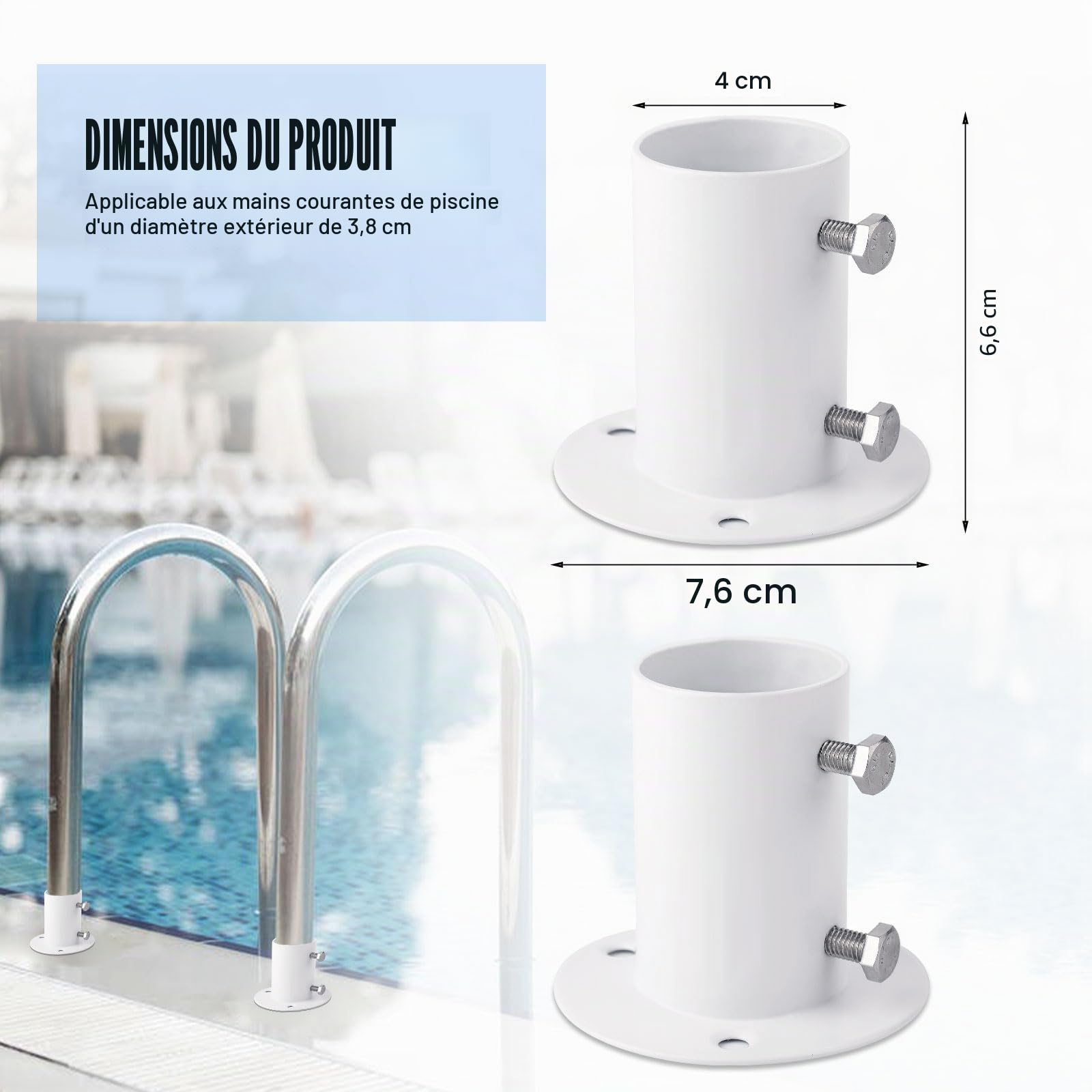 2pcs Brides de Terrasse de Piscine, Acier Inoxydable, Bride de Tige Brides d'Échelle de Piscine pour Échelle de Piscine Hors Sol, Main Courante de Piscine de 3,8cm