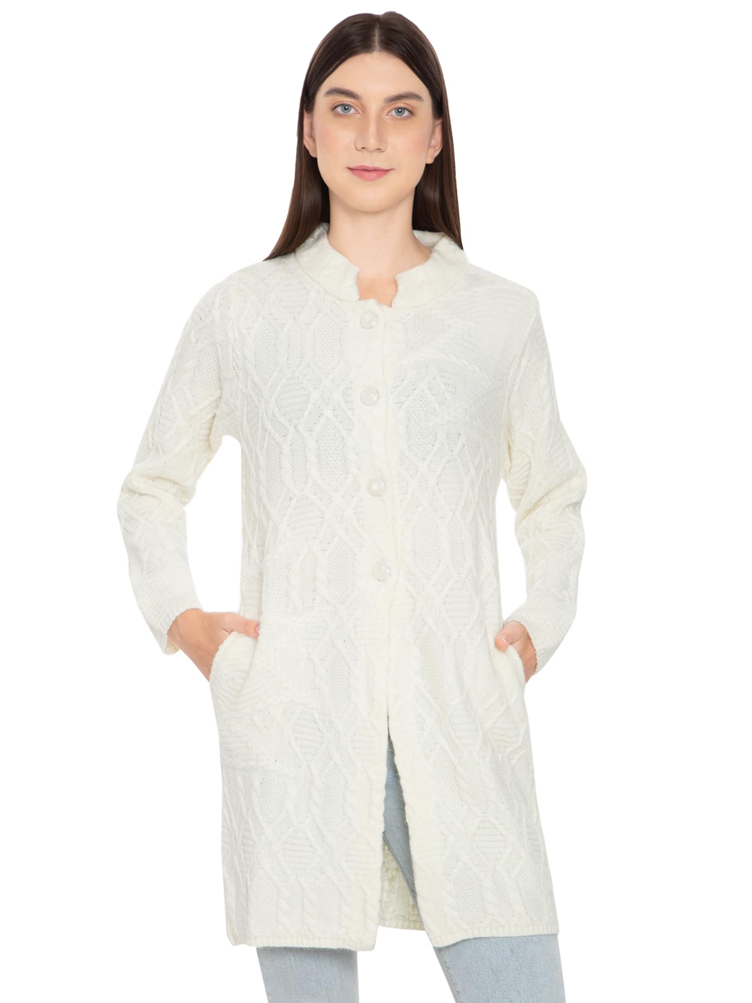 Women's Pure Wool Buttoned Long Cardigan With Pockets (A-30-Ad04Wp2601_Pink) (IN, Alpha, 4XL, Regular, White)-image-19
