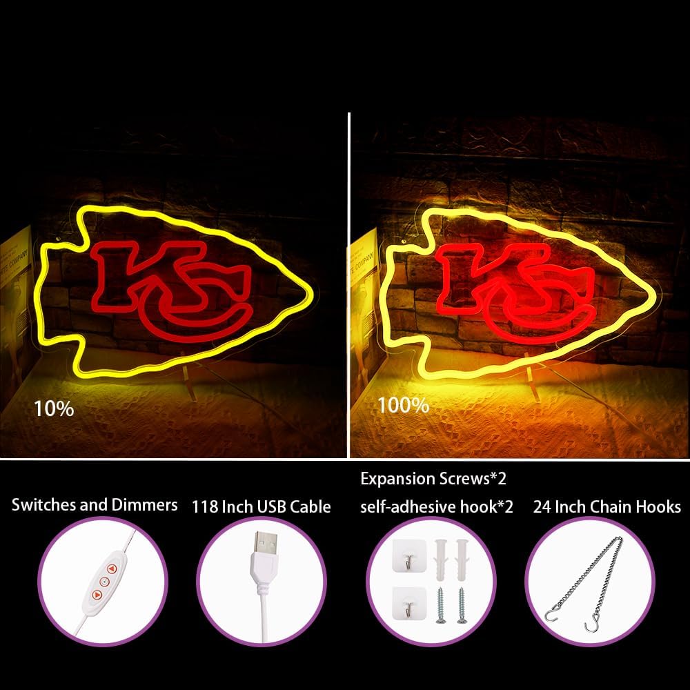Rugby Football Sports Team Neon Sign Suitable for Chiefs KC Logo Neon Sign for Wall Decor USB Powered Dimmable Led Light Up Signs for Men Cave Home Bar Birthday Party Decor Xmas Gifts for Fans - Image 2