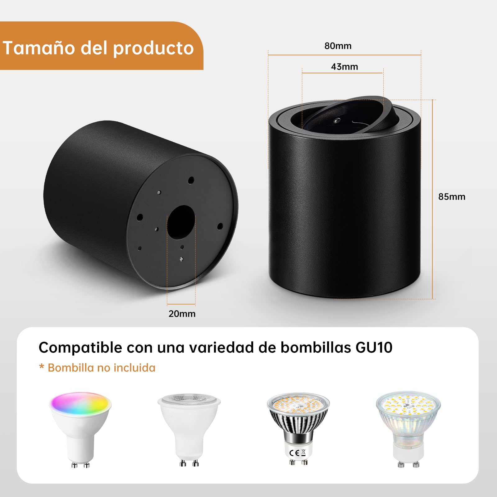 wowatt 4 Piezas Focos Techo Superficie Negro, GU10 Focos Techo Orientables | 220-240V, Orientables 30 °, 80mm x 85mm, Aluminio, Focos Superficie Techo con Casquillo GU10 para Módulos GU10 y LED, Redondo