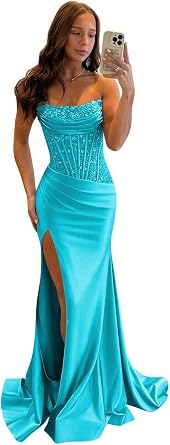Sparkly Sequin Prom Dresses 2026 Mermaid Pleated Strapless Cocktail Party Dress with Slit Formal