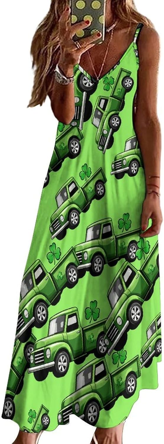 St-Patrick's Day Shamrock Truck Maxi Dresses for Women V Neck Long Dress Sundress Spaghetti Straps Beach Dress