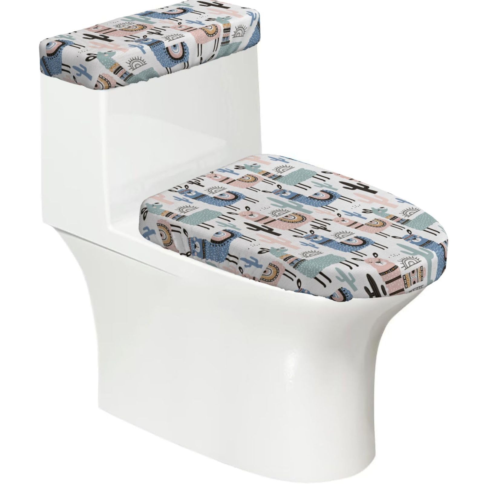 Llama Alpaca Cactus Printed Toilet Tank and Lid Cover Set of 2 for Most Bathrooms, Fits Elongated Round Toilets
