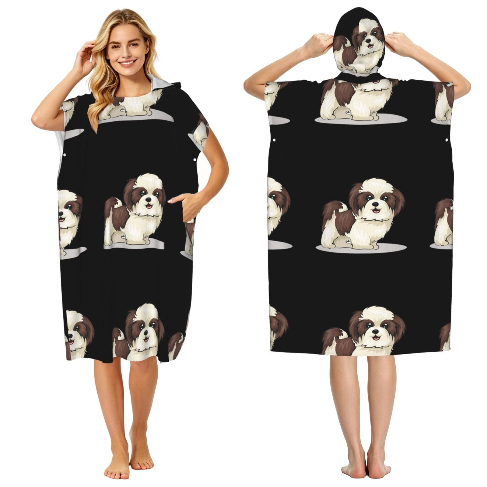 Poadnly Shih Tzu Dog, Adult Hooded Beach Towel 90 x 110 cm,Changing Bath Robe, Surf Poncho Towel For Women Men