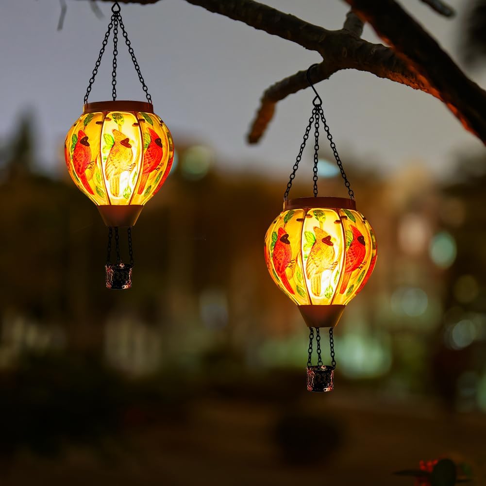 2 PCS Cardinal Hot Air Balloon Solar Lantern with Flickering Flame Light,Glass Hanging Solar Lights Outdoor Waterproof for Patio Yard Party Gift Decor